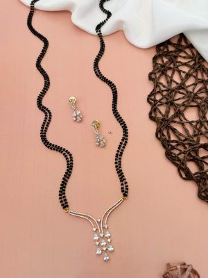 Two Layers Black Beads Mangalsutra with AD Stones Tear Drop Design Pendant