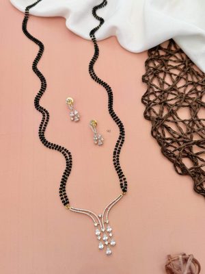 Two Layers Black Beads Mangalsutra with AD Stones Tear Drop Design Pendant