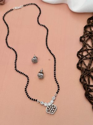 Silver Plated Black Beads Mangalsutra with AD Stones Pendant