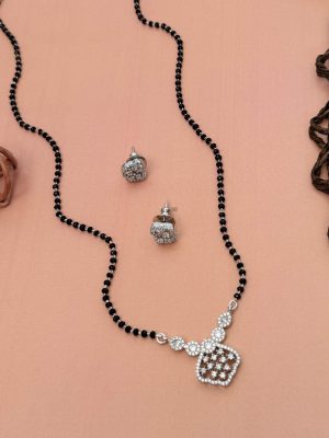 Silver Plated Black Beads Mangalsutra with AD Stones Pendant