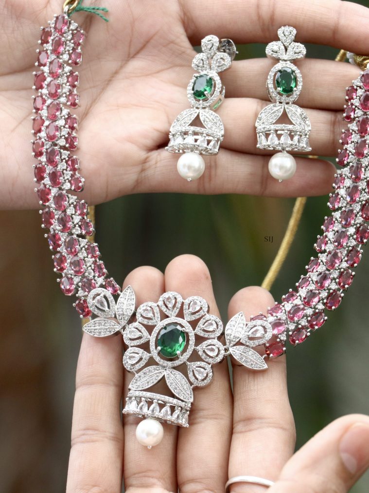 Silver Finish Pink Color AD Stones Necklace with Flower Pendant