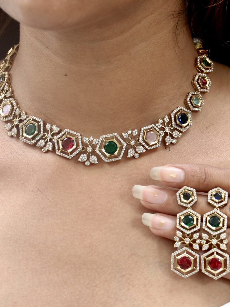 Imitation Navaratna and White AD Stones Necklace