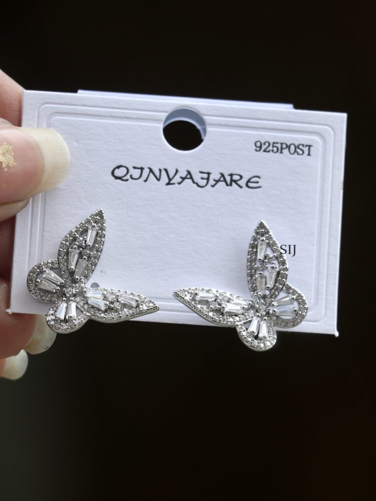 Imitation Silver Finish AD Stones Butterfly Ear Studs