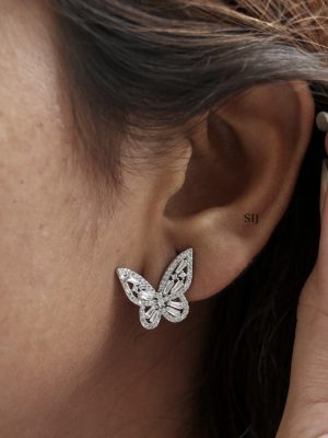 Imitation Silver Finish AD Stones Butterfly Ear Studs