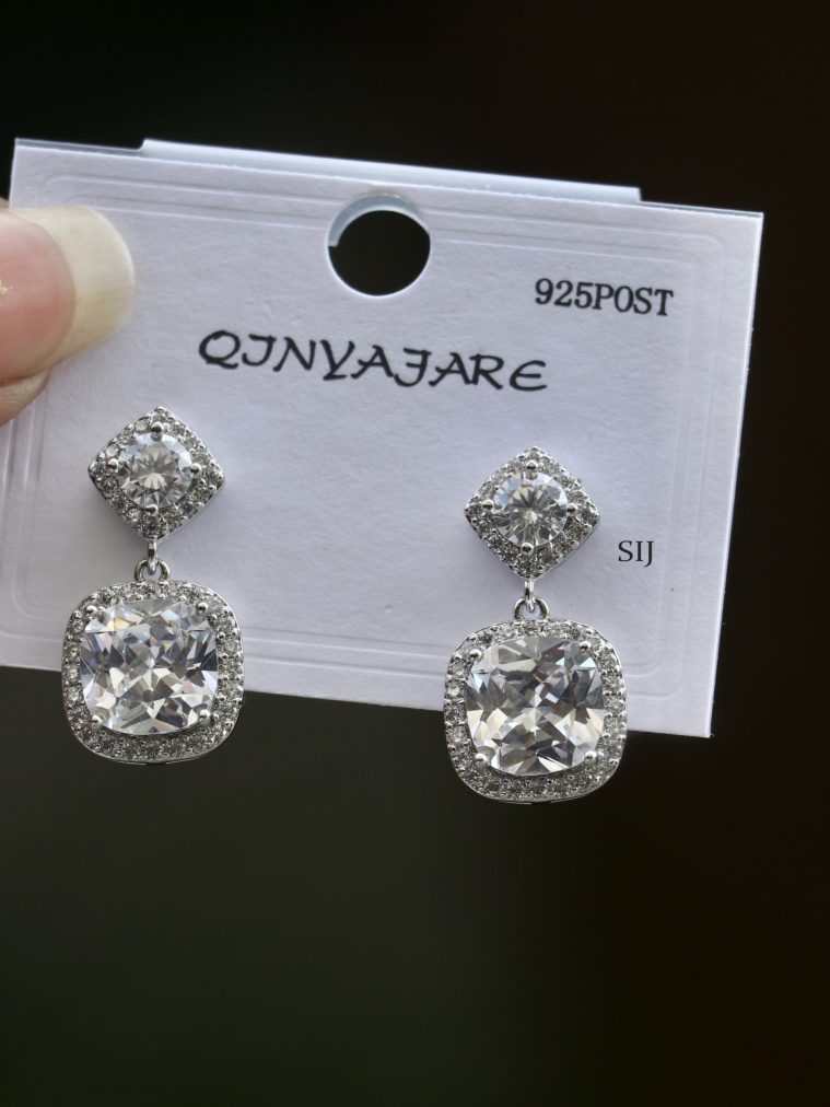 Imitation Silver Plated Rhombus Shaped CZ Stones Earrings