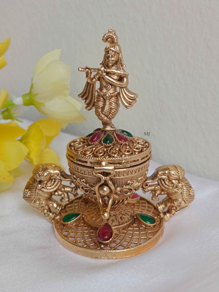 Traditional Krishna Kumkum Box with Dual Elephants