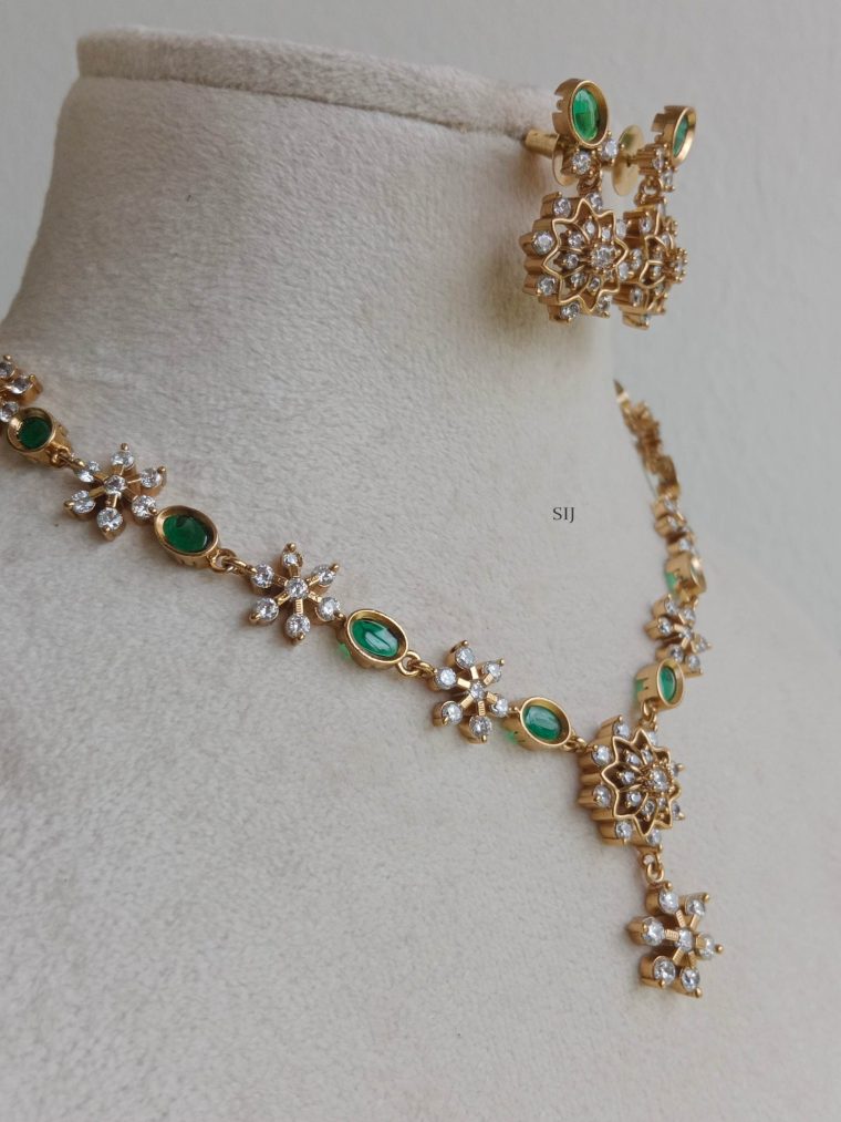 Gold Plated Emerald and AD Stones Flower Necklace