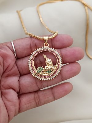 Gold Plated Multi Stones Krishna Pendant Chain