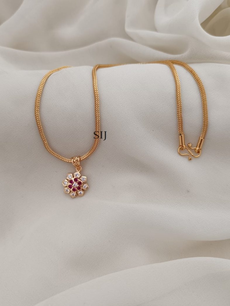 Imitation Ruby And White Stones Floral Pendant Chain