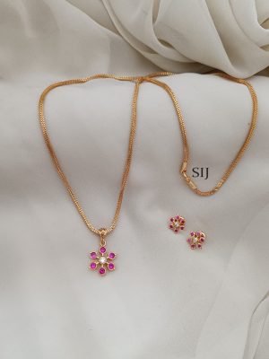 Pink Flower Pendant Chain With Earrings