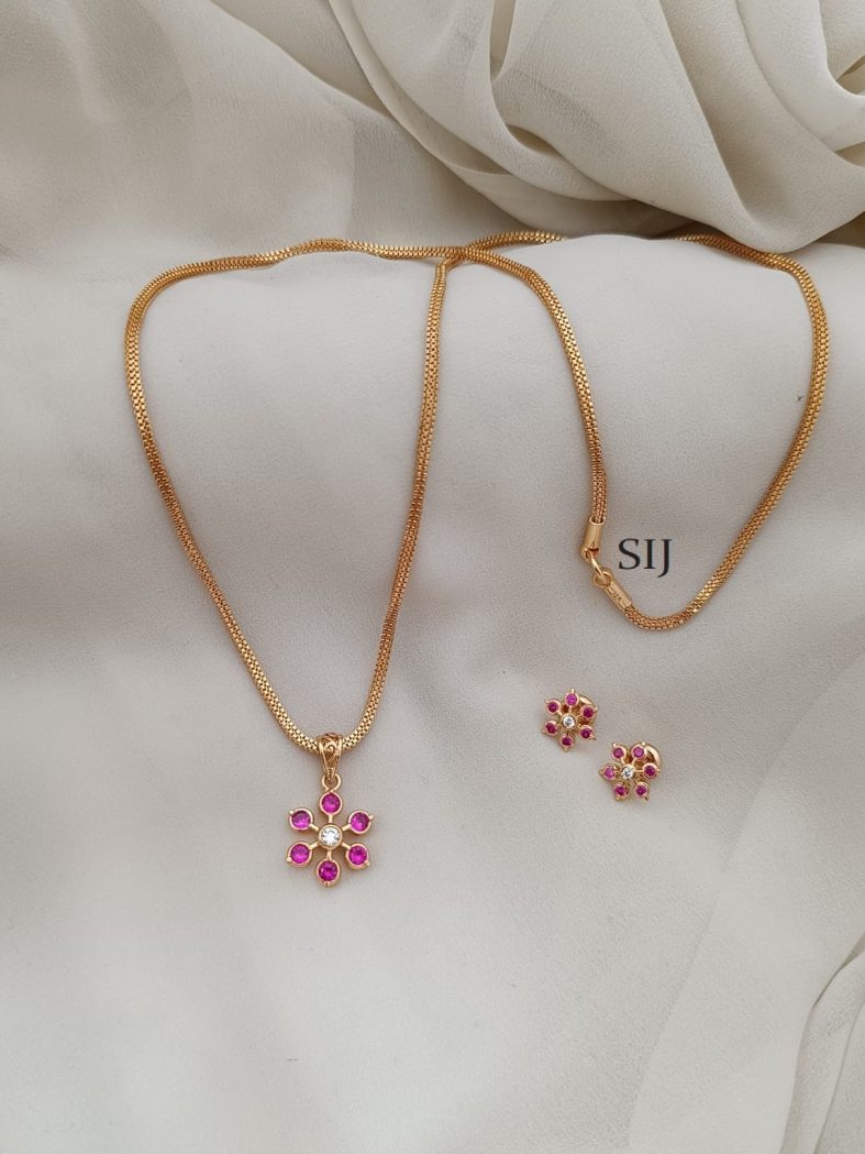 Pink Flower Pendant Chain With Earrings