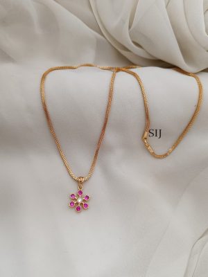 Pink Flower Pendant Chain With Earrings