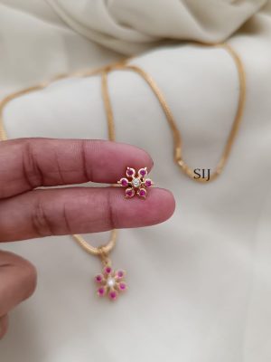 Pink Flower Pendant Chain With Earrings