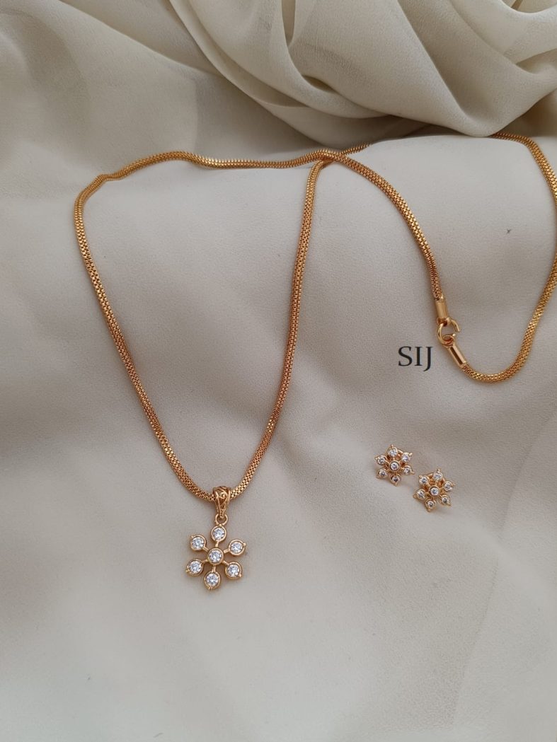 Imitation White Stones Flower Pendant Chain With Earrings