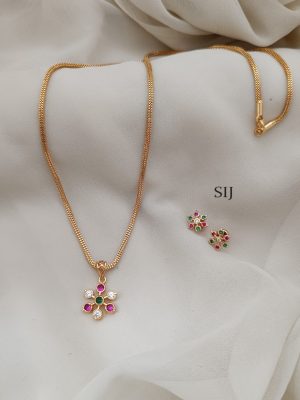 Multicolor Stones Flower Pendant Chain With Earrings