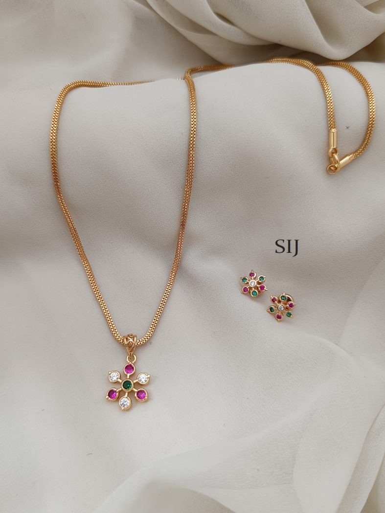 Multicolor Stones Flower Pendant Chain With Earrings