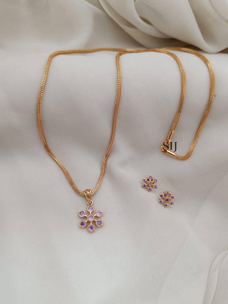 Traditional Lavendar Stones Flower Pendant Chain With Earrings