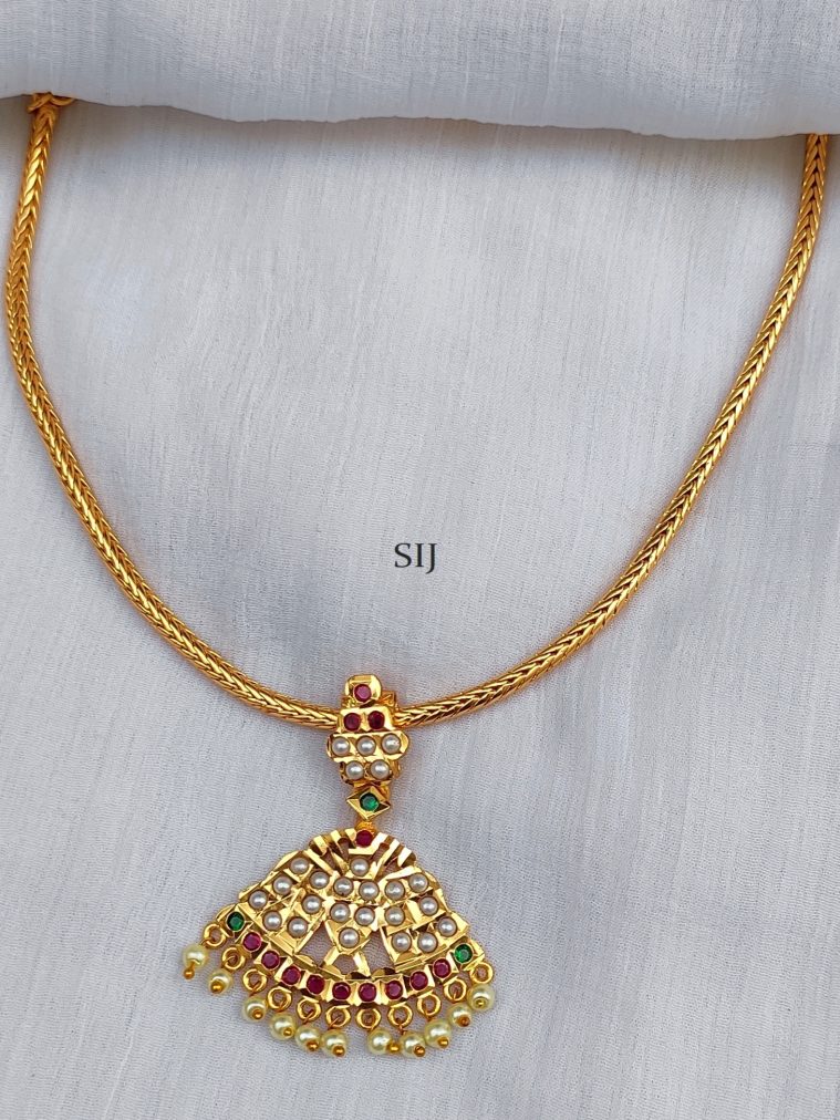 Gold Plated Attigai Necklace With Pearl Hanging Pendant