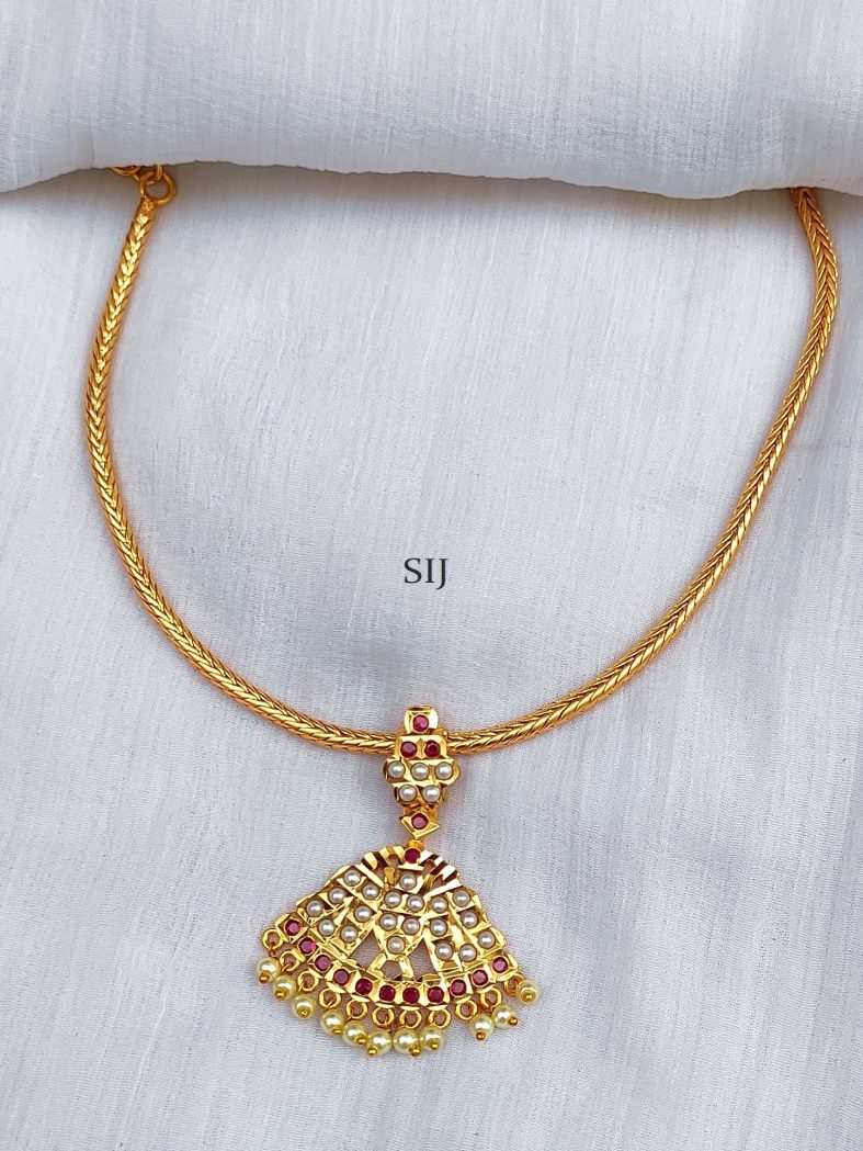 Imitation Gold Plated Attigai Necklace With Pearl Hanging Pendant