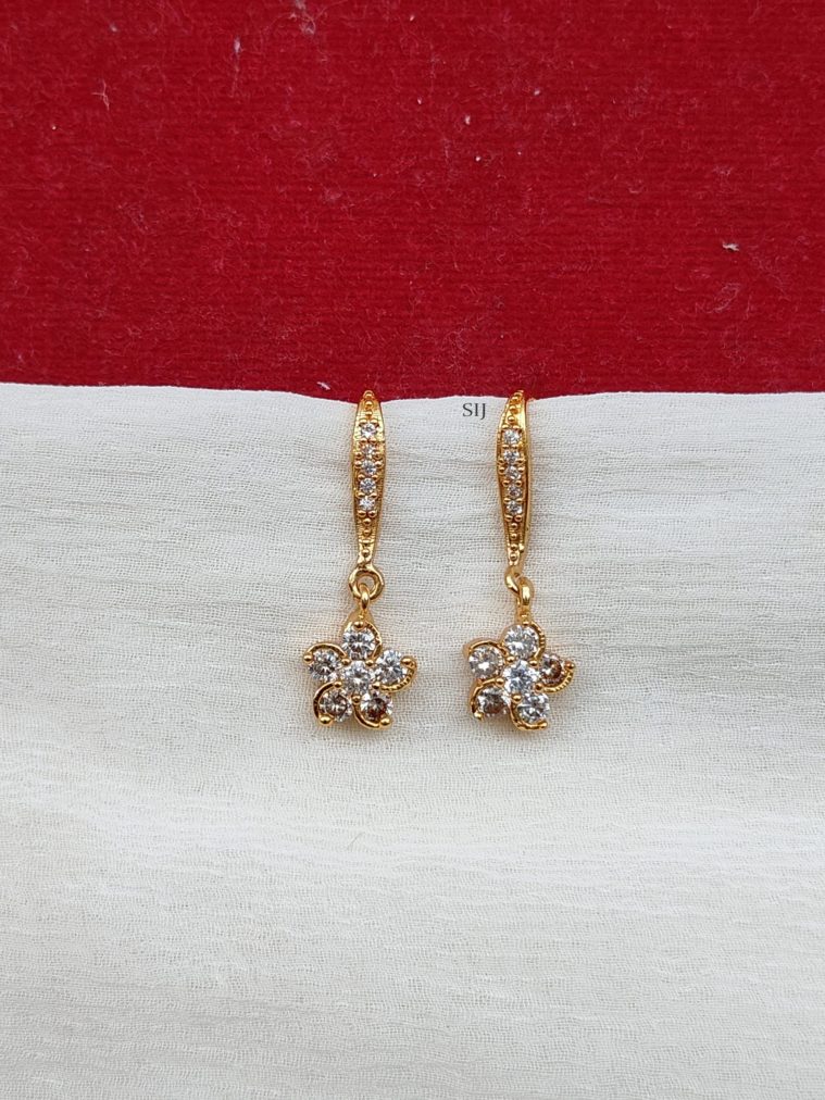 Gold Plated White Stones Flower Hangings Hook Earrings