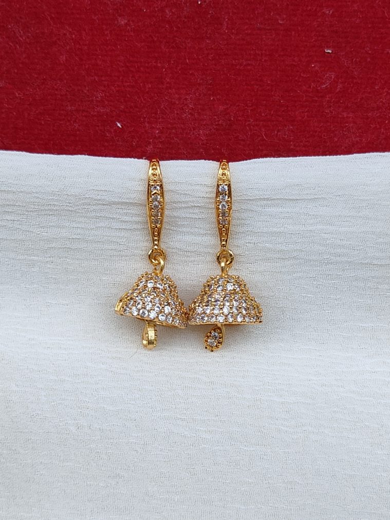 Gold Plated White Stones Jhumkas Hook Earrings