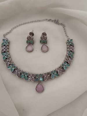 German Silver Multi Color Stones Flower Design Necklace