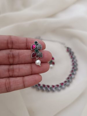 German Silver Red and Green Stones Necklace