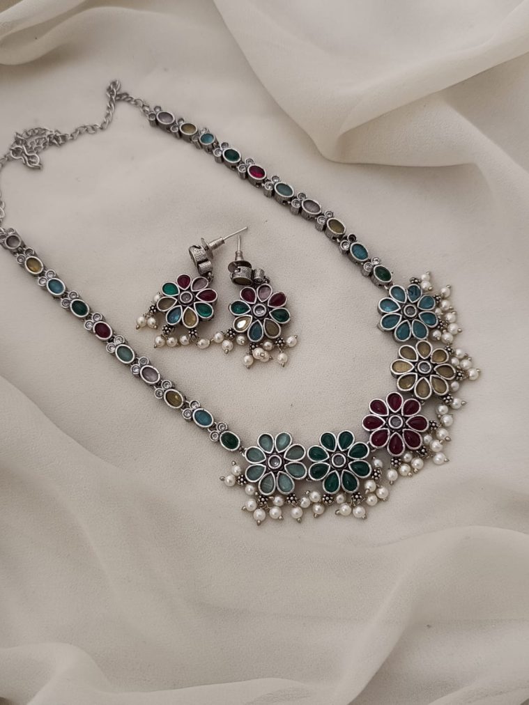 Silver Plated Multi Color Stones Long Necklace with Guttapusalu