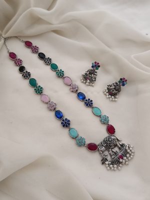 German Silver Multi Color Stones Long Necklace with Elephant Pendant