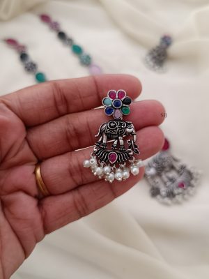 German Silver Multi Color Stones Long Necklace with Elephant Pendant