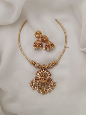 Gold and Peals Hangings Lakshmi Pendant Attigai Necklace