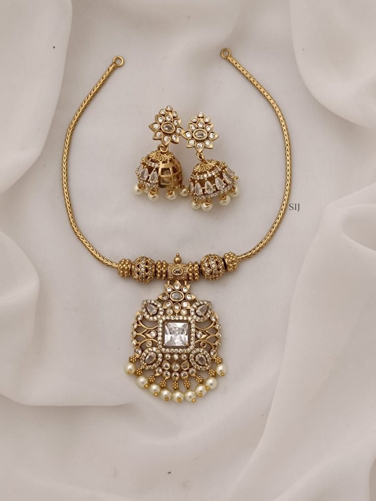 Gold Plated Attigai Necklace with Pearl Hangings