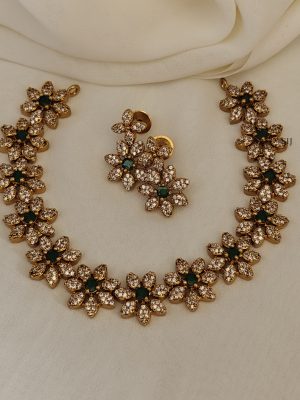 Gold Plated White and Green Stones Floral Necklace