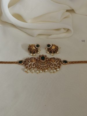 Gold Plated Green and White Stones Dual Peacock Choker