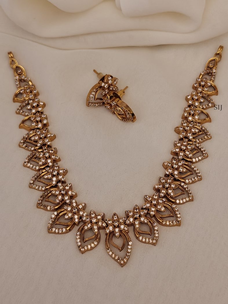 Gold Plated White AD Stones Flower and Leaf Design Necklace