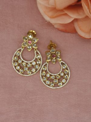 Gold Finish Kundan and Ruby Chandbali Earrings