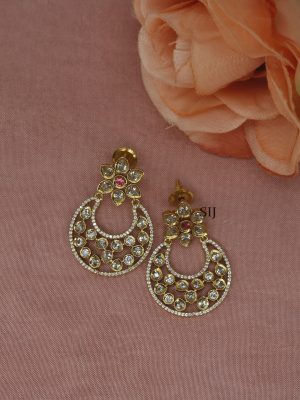 Gold Finish Kundan and Ruby Chandbali Earrings