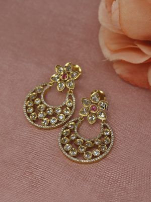 Gold Finish Kundan and Ruby Chandbali Earrings