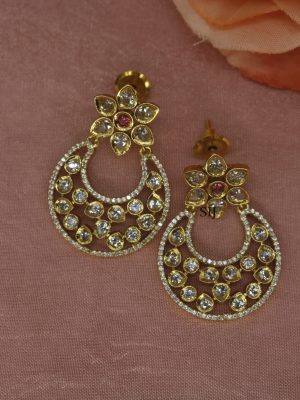 Gold Finish Kundan and Ruby Chandbali Earrings