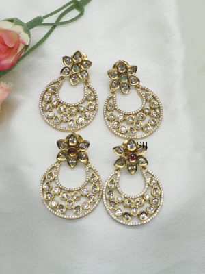 Gold Finish Kundan and Ruby Chandbali Earrings