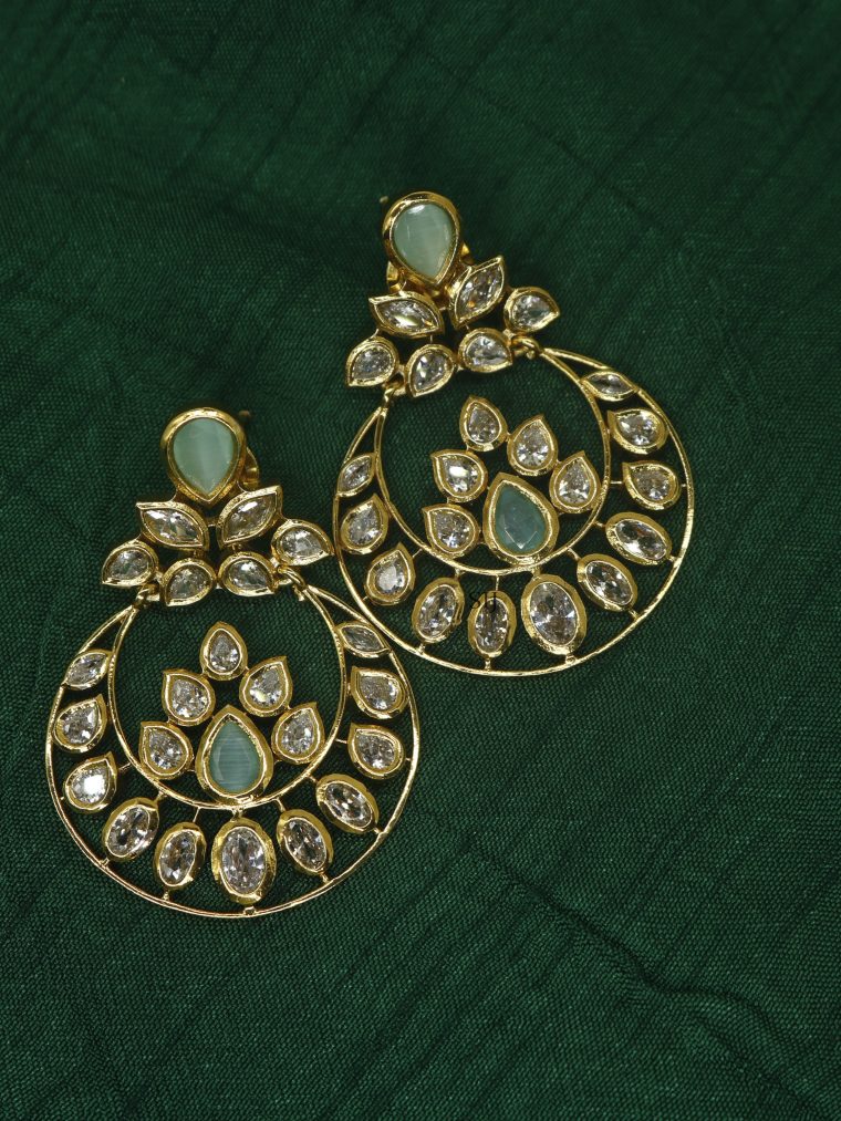 Mint Green Stones and Kundan Chand Bali Earrings