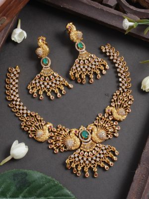 Gold Plated Multi Color AD Stones Peacocks Necklace