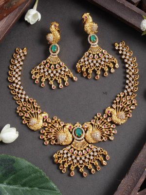 Gold Plated Multi Color AD Stones Peacocks Necklace