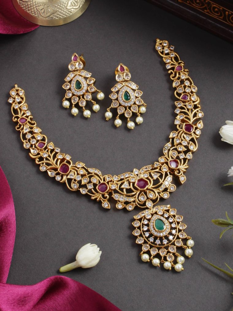 Gold Finish AD Stones Flower Design Necklace