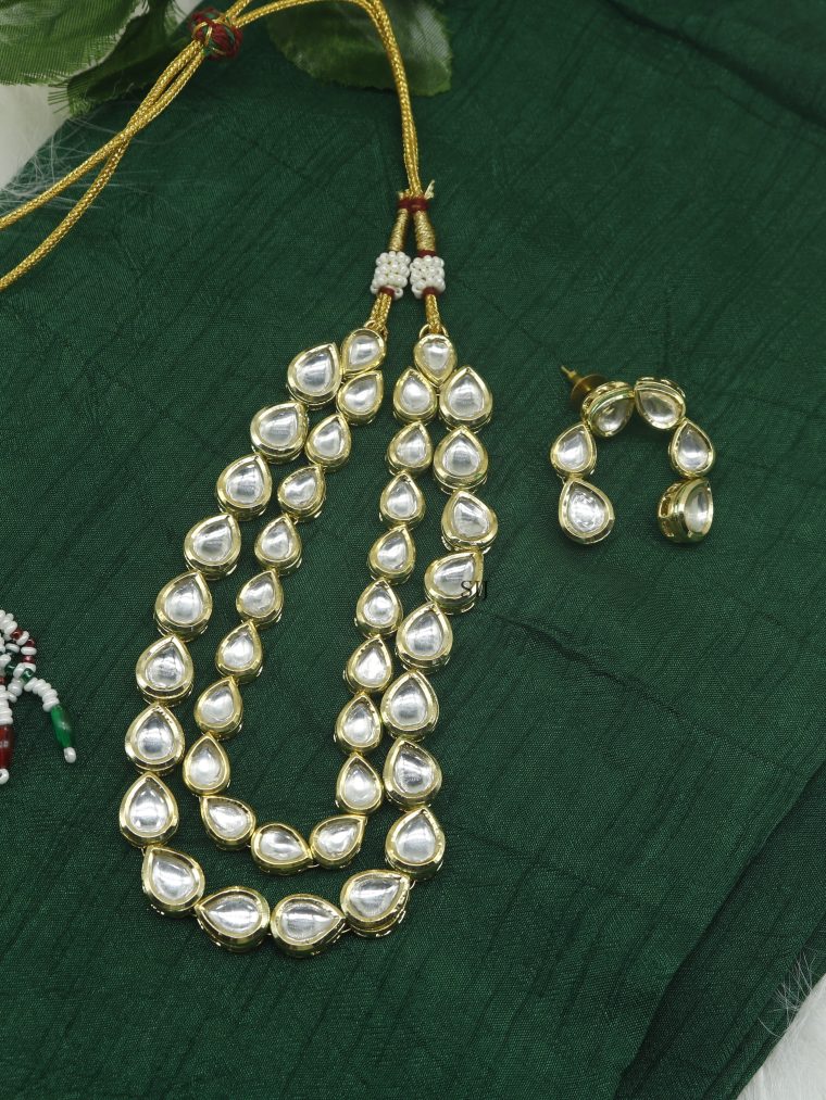 Two Line Tear Drop Design Kundan Necklace