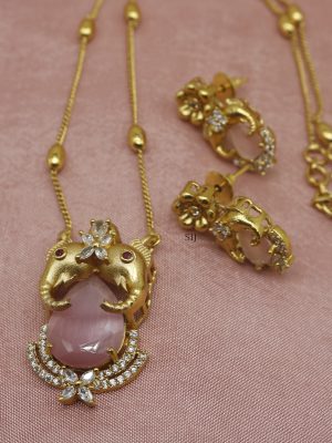 Gold Plated Dual Elephant Faces Pendant Chain