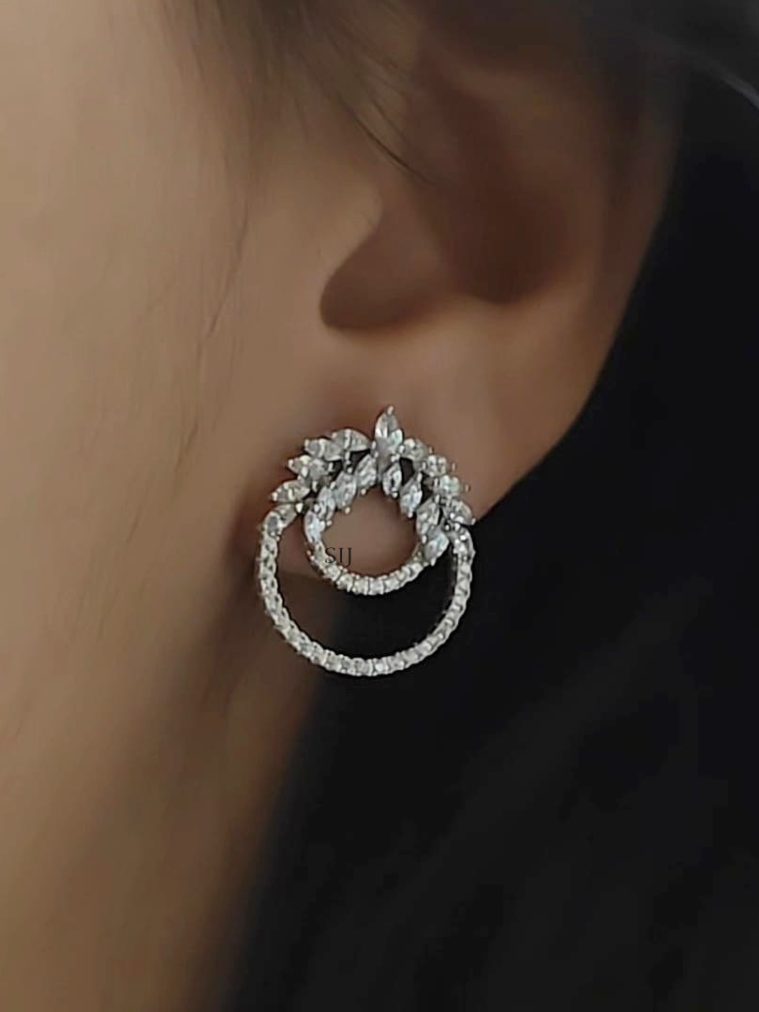 Sterling Silver White Stones Flower Design Dual Loop Earrings