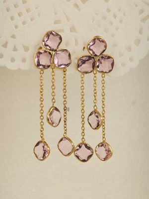 Gold Plated Chandelier Long Drop Stones Earrings