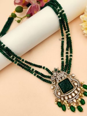 Three Layers Green Beads Mala With Victorian Pendant