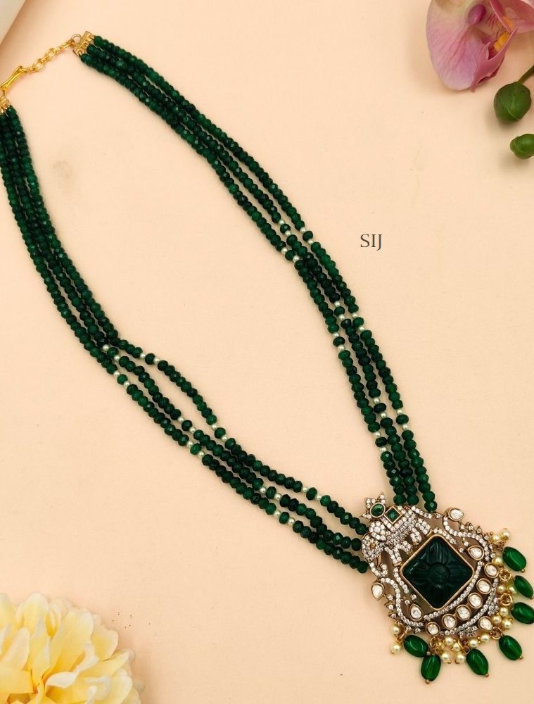 Three Layers Green Beads Mala With Victorian Pendant